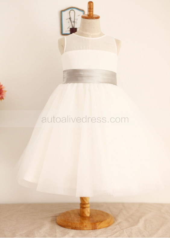 Sheer Neck Ivory Chiffon Tulle Cute Flower Girl Dress